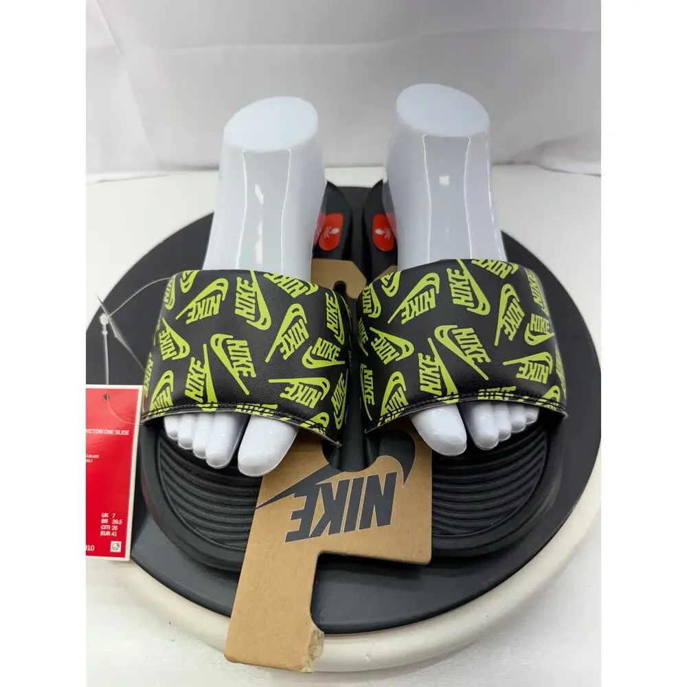 Nike Victori One‎ Slide Print Mens 8 Black Volt Logo Sport Sandals Slip On Shoes